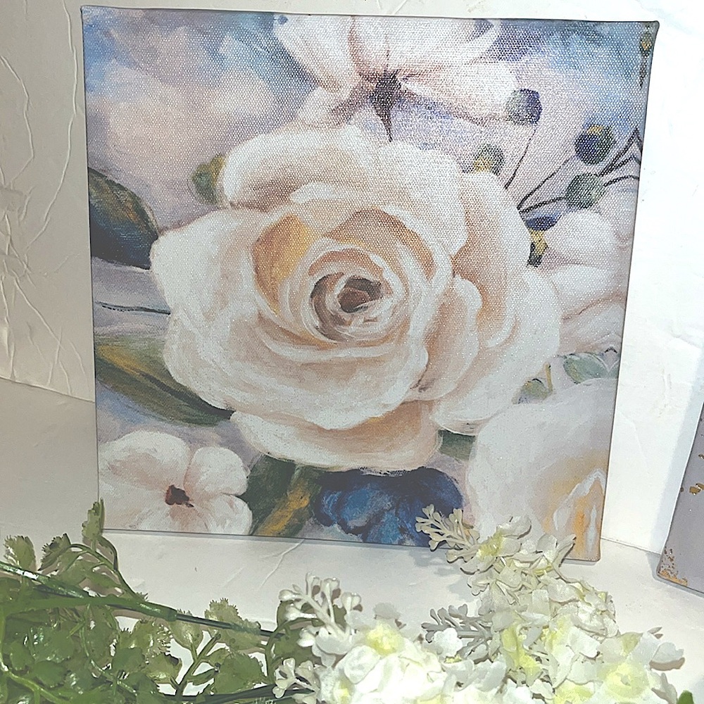 NWT set of2 shabby chic White Roses French cottage art canvas prints blue &white